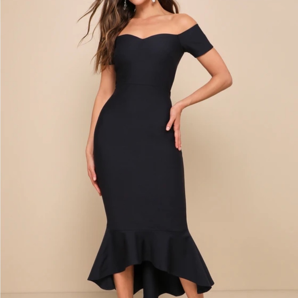 NWT How Much I Care Midnight Blue Off-the-Shoulder Midi Dres XS